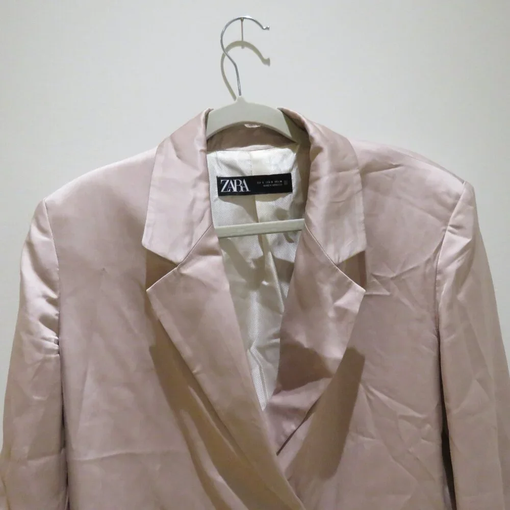 ZARA Long Buttoned Collared Satin Blazer in Blush Pink Pastel Preppy - Size S - Picture 4 of 13